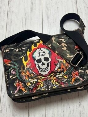Ed Hardy Black Messenger Bag with Multicolor Skull 13 & Flame Artwork